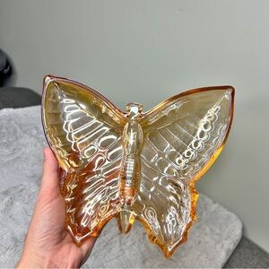 Vintage Jeanette Amber Glass Butterfly Trinket Dish Translucent Marigold